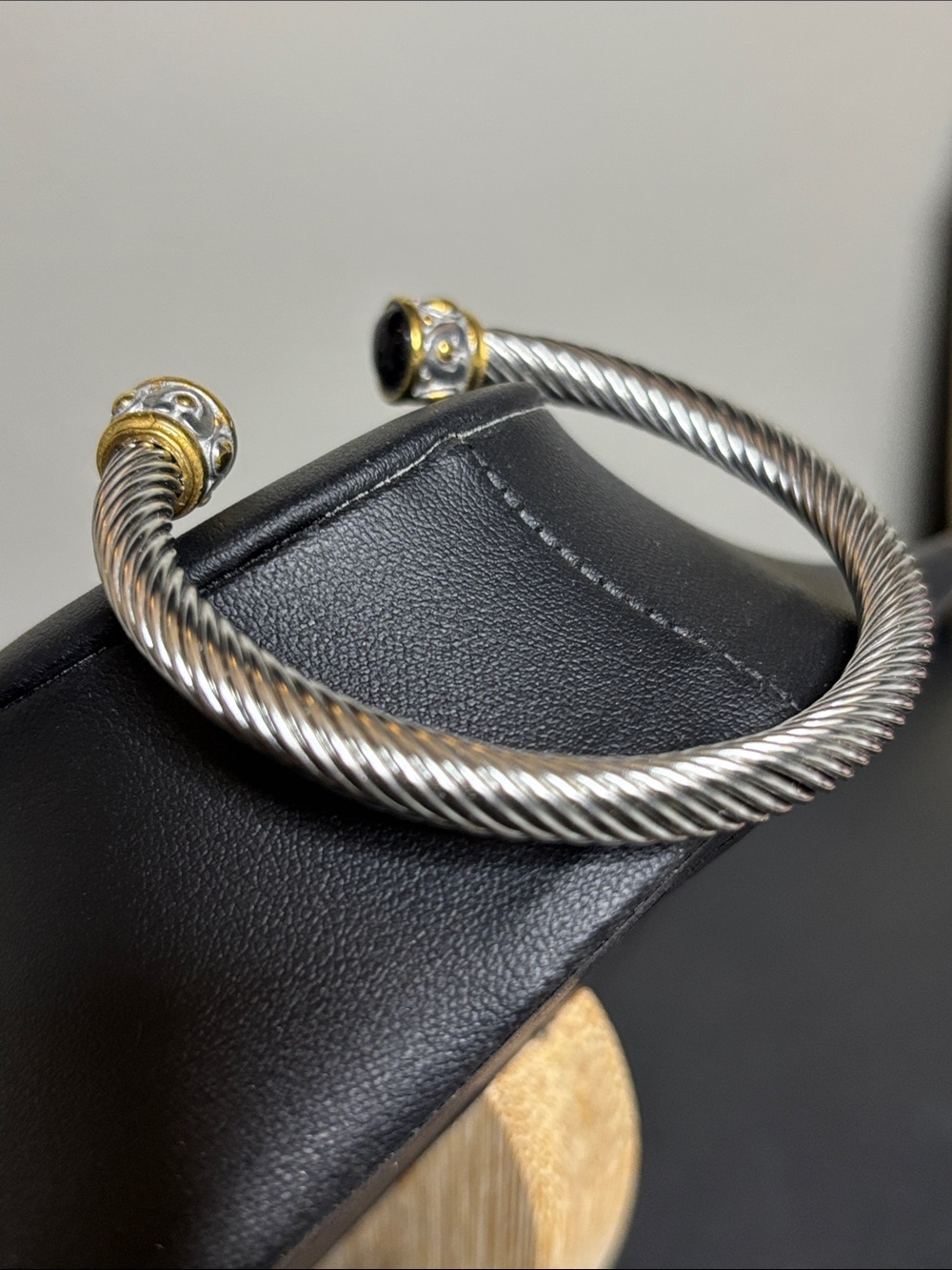 Twisted Cable Open Cuff Bracelet with Gold Accented Black Cabochons - Picture 4 of 7